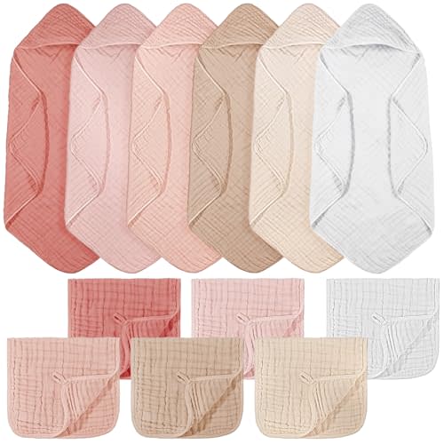 VitalCozy 12 Pcs Baby Muslin Hooded Bath Towels and Washcloths, 32 x 32 Inch Muslin Cotton Hooded Baby Towels Absorbent Hooded Blankets for Gift Newborn Infant Shower (Pink Beige Series)