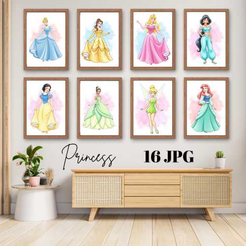 Princesses Wall Art, 16 Prints Set with Watercolor Splatter, Playroom Decor, Digital Princess Wall Art, Nursery Prints, Girls Room Decor