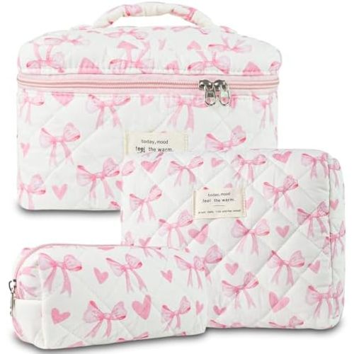 GISMTR 3Pcs Makeup Bag Cotton Quilted Travel Cosmetic Bag Cute Floral Makeup Pouch Large Toiletry Bag for Women Girls (Bow-Pink4)