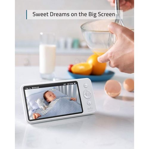 eufy Security Baby Monitor Spaceview E110 with Security Camera and 2-Way Audio, 720p HD Resolution, Night Vision, 5" Display, 110° Wide-Angle Lens Included, Lullaby Player, Sound Alert, Upgraded