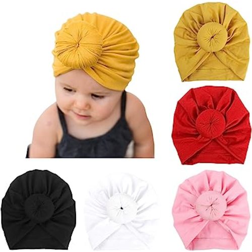DRESHOW BQUBO 5 Pieces Baby Turban Hats Turban Bun Knot Baby Infant Beanie Baby Girl Soft Cute Toddler Cap