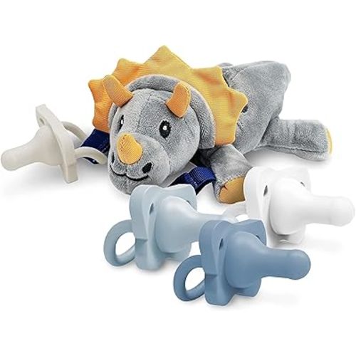 Dr. Brown’s HappyPaci 100% Silicone Baby Pacifier 0-6m, BPA Free 4-Pack with Lovey Soft Plush Animal Teether Holder, Triceratops