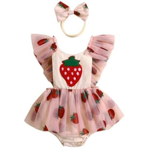 Baby Girl Strawberry Romper Dress Ruffle Sleeve Tulle Tutu Romper Bodysuit Newborn Birthday Cake Smash Outfit
