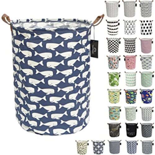 laundry baskets,bedroom hamper,kitchen organization,GodenMoninG 62.8L Waterproof Round Cotton Linen with Handles Collapsible storage basket. (Blue Whale)