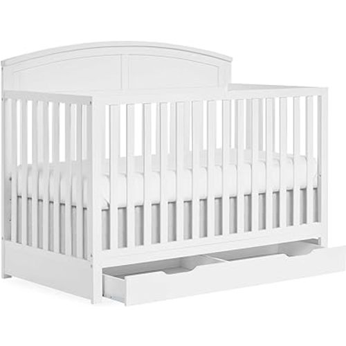 Storybrooke 5 in 1 Convertible Crib with Storage Drawer in White, JPMA & Greenguard Gold Certified, Made of Sustainable Pinewood, Non-Toxic Water-Based Paint Finish