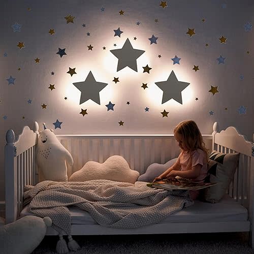 Nursery Star Nightlight (Pack of 1) with Star Wall Stickers - Touch Rechargeable & Dim Night Light for Kids - Baby Night Light for Nursery - Star Room Decor - Toddler Nigth Light - Kids Wall Lights
