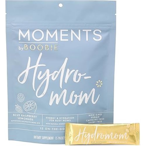 Boobie Hydromom Superfood Electrolyte Drink Mix, Blue Raspberry Lemonade | Refreshing Energy & Hydration Boost for Mamas | On-The-Go & Travel Essentials for Pregnancy, Lactation, & Beyond, 15 Packets