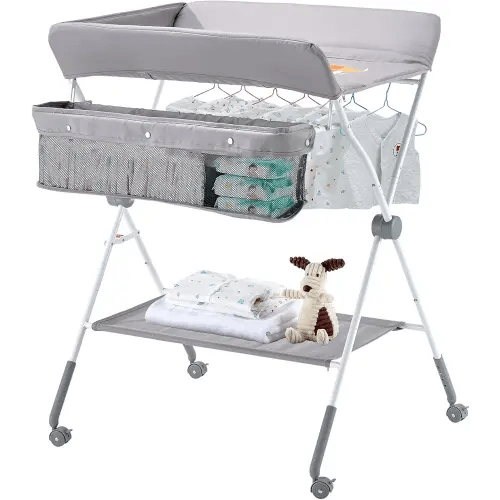 VEVOR Baby Changing Table, Foldable Diaper Change Station with Side Basket, Adjustable Height Changing Table with Lockable Wheels, Multi-Functional Nursery Storage Organizer, Gray