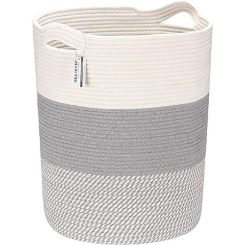 Sea Team Large Size Cotton Rope Woven Storage Basket with Handles, Laundry Hamper, Fabric Bucket, Drum, Clothes Toys Organizer for Kid's Room, 20 x 14 inches, Round Open Design, White & Mottled Grey