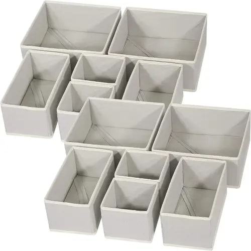 Drawer Organizer, 12 Pack Foldable Closet Organizer and Storage Baskets Bins Linen Clothes Organizer, Dresser Drawer divider for Baby Clothing, Underwear, T Shirt, Bras, Socks (Light Grey)