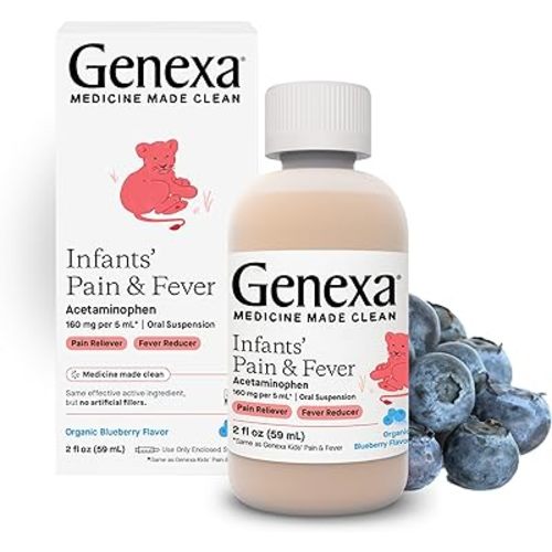 Amazon.com: Genexa Infants’ Pain and Fever Reducer | Baby Acetaminophen, Dye Free, Liquid Oral Suspension Medicine for Infant | Delicious Organic Blueberry Flavor | 160 mg per 5mL | 2 Fluid Ounces : Health & Household