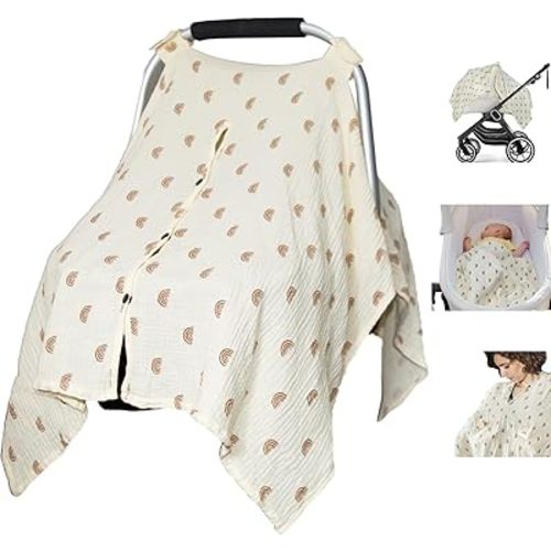 Organic Cotton Muslin Baby Car Seat Cover, Multi Use for Nursing Cover,Breathable Carseat Canopy for Boys Girls (Rainbow)
