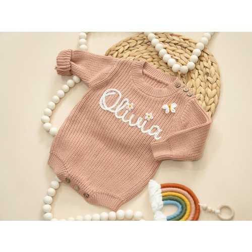 Newborn Girl Coming Home Custom Outfit, Infant Baby Personalized Hand Embroidered Knit Sweater Romper, Newborn Embroidered Name Sweater