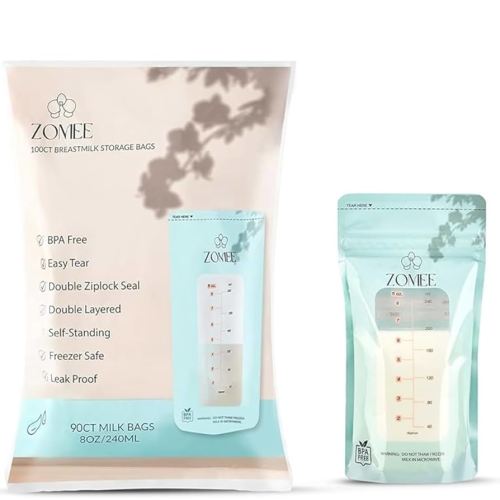 Zomee Disposable 8 oz Breast Milk Storage Bags w/Double Zipper Seal – Count – Leak-Proof – Self-Standing Breast Milk Storage Solution for Fridge or Freezer - Mutiple Count Packs (Pack of 90)
