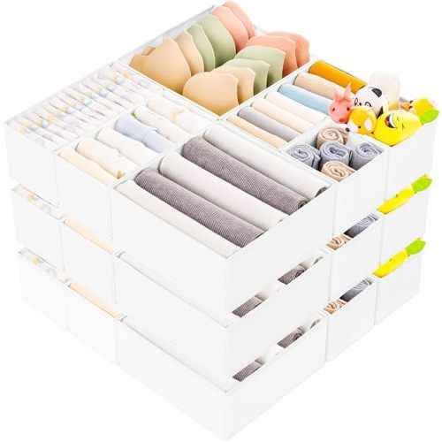 Criusia 15 Pack Drawer Organizer for Clothes, Foldable Dresser Dividers with 3 Sizes, Fabric Storage Bins – White