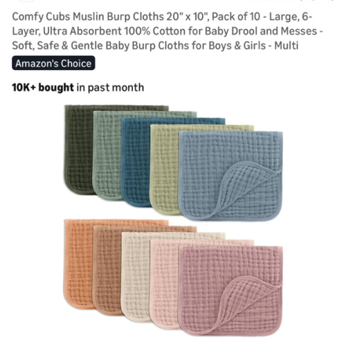 Comfy Cubs Muslin Burp Cloths 20" x 10", Pack of 10 - Large, 6-Layer, Ultra Absorbent 100% Cotton for Baby Drool and Messes - Soft, Safe & Gentle Baby Burp Cloths for Boys & Girls - Multi