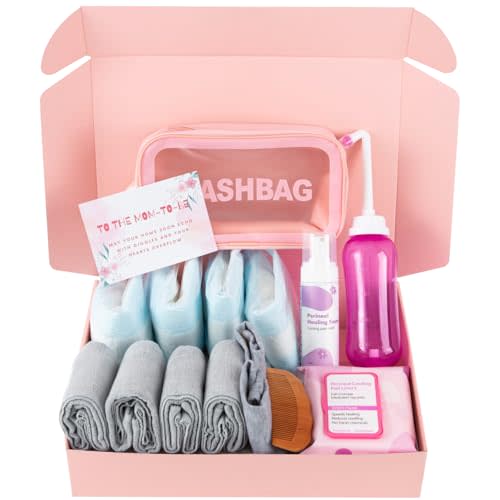 Postpartum Essentials Recovery Kit for Labor,Delivery - Peri Bottle,Disposable Postpartum Underwear,Perineal Healing Foam,Instant Ice Pads,Cooling Pad Liners,Socks,Birth Comb,Portable Bag