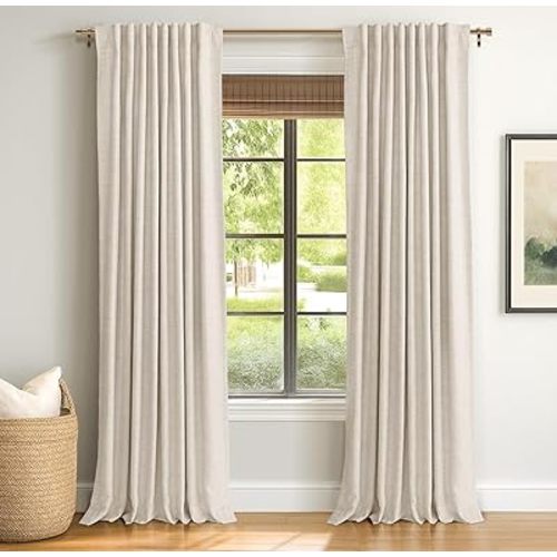 INOVADAY 100% Blackout Curtains 63 Inches Length 2 Panels Set, Back Tab/Rod Pocket Linen Black Out Curtains for Bedroom, Thermal Insulated Window Drapes - Cream, W50 X L63