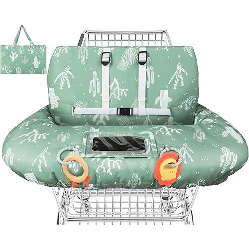 Shopping Cart Cover for Baby, 2-in-1 High Chair Cover with Safety Harness, Multifunctional Cart Covers for Toddler, Universal Fit, Soft Padded Grocery Cart Cover for Baby Boy Girl - Green