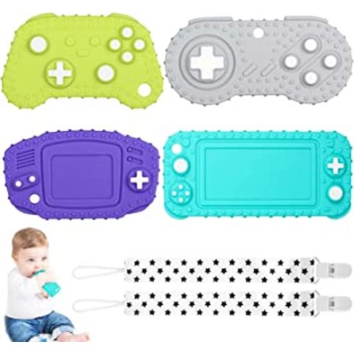 Fu Store 4-Pack Silicone Teething Toys for Infant Toddlers, Remote Control Game Controller Shape Teethers for Babies Chew Toys Relief Soothe Babies Gums Set, BPA Free/Dishwasher and Refrigerator Safe