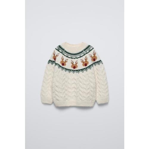 REINDEER KNIT SWEATER, Ecru - size 6 Years