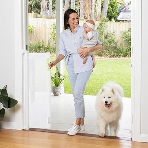 Retractable Baby Gate Perma Child Safety 41" Tall x 71” Wide, Mesh, for Stairs, Doorways, Dogs, Pets, Indoor, Outdoor, One-Handed Operation, Locking, Easy Install, Hardware Mount, White