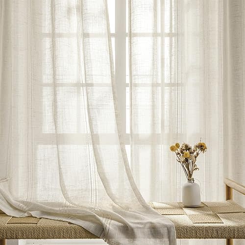 Natural Linen Sheer Curtain 95 inches Length, Rod Pocket Hollow Stripe, 2 Panels,52" Width