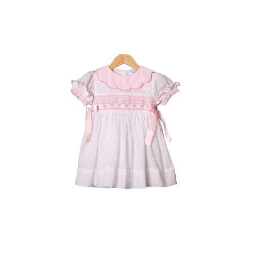 Smocked Heirloom White and Pink Swiss Dot Bow Dress