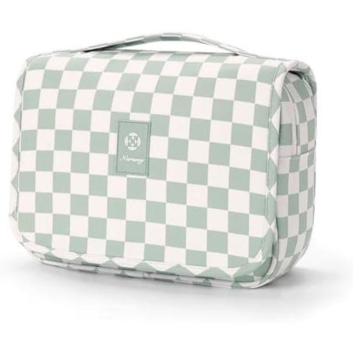 Narwey Small Hanging Travel Toiletry Bag for Traveling Women, Checkered Travel Bag for Toiletries, Makeup Bag Organizer Make Up Cosmetic Bags (Mint Green Checkerboard)