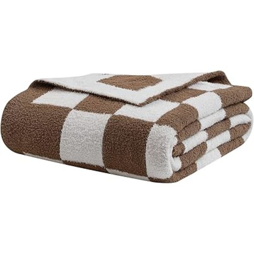 bearberry Fuzzy Checkerboard Grid Throw Blanket Knitted Soft Cozy Warm Microfiber Blanket Decor for Couch Sofa Bed Travel Home (Mocha, 40''x50'')