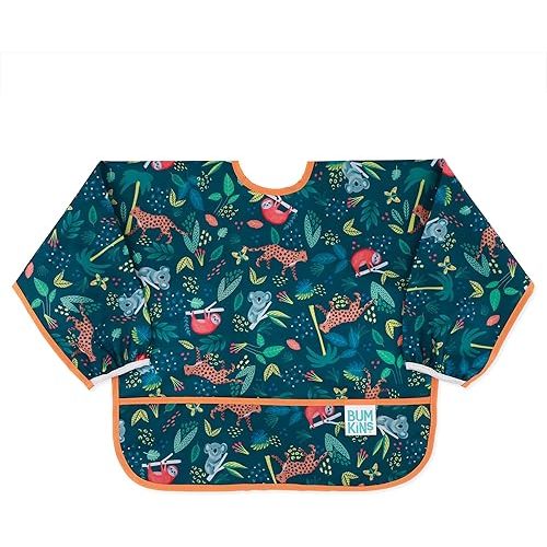 Bumkins Sleeved Bib for Girl or Boy, Baby and Toddler for 6-24 Mos, Essential Must Have for Eating, Feeding, Baby Led Weaning Supplies, Long Sleeve Mess Saving Food Catcher, Soft Fabric, Jungle