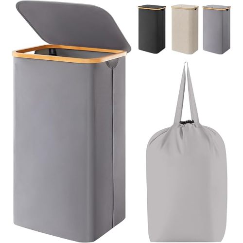 Lifewit 100L Laundry Basket with Lid, Clothes Hampers for Laundry with Bamboo Handles and A Removable Bag, Large Foldable Laundry Hamper for Bedroom, Bathroom, Dorm, Laundry Room, Gray