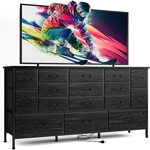Fixwal 63.3 Inch TV Stand for 65 55 Inch TV Long Black Dresser for Bedroom, 16 Drawer Dresser with Power Outlets, Fabric Chest of Drawers for Bedroom, Entryway, Black