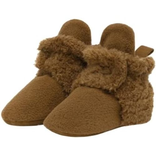 Robeez Baby Girls and Boys Crib Fleece Sherpa Snap Booties with Slip-Resistant Soles for Infant and Toddler, Sully Camel Microfleece, 0-3 Months