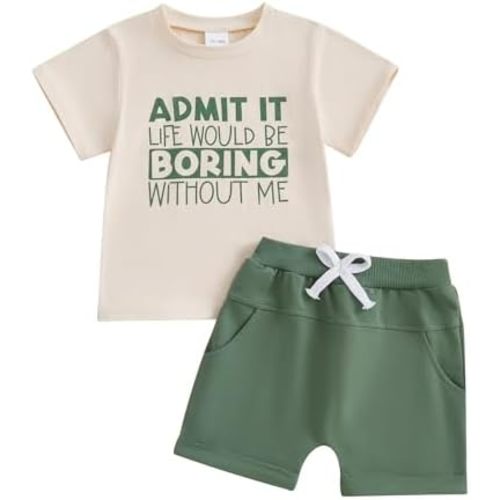 wdehow Toddler Baby Boy Summer Clothes Set Letter Print Crew Neck Short Sleeve T-Shirts Elastic Waist Shorts 2Pcs Outfits