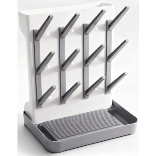 Baby Bottle Drying Rack, Vertical Space Saving Countertop Holder - Large Capacity for 12 Bottles, Pump Parts, Pacifiers, Brushes, Sippy Cups - BPA-Free, Baby Accessories Organizer - Grey