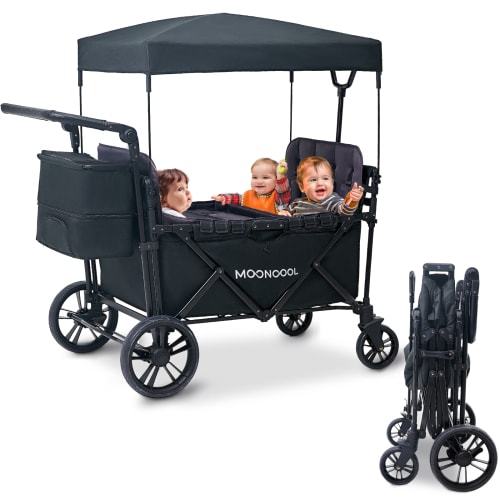 Mooncool Stroller Wagon (4 Seater) - Quad Stroller Wagon for 4 Kids, Collapsible Wagon Stroller with Seats with 5-Point Harnesses, Adjustable Push Handle, and Removable UV Sun Canopy