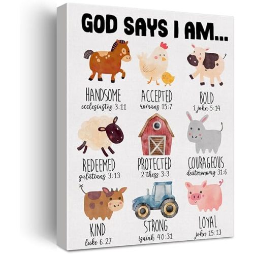 Inspirational Motivational God Says I Am Poster Canvas Wall Art for Nursery Home Decor Christian Farm Animals Canvas Print Painting Ready to Hang Gifts - Easel & Hanging Hook 12x15 Inch
