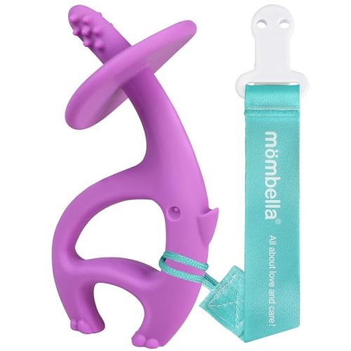Mombella Baby Teething Toys for Babies 3 6 12 Months with Attachment to Clip on, Soft Silicone Teether Toys, 2 in 1 Elephant Teethers & Pre-Training Toothbrush, 9 Month Old Infant Chew Toys, Purple