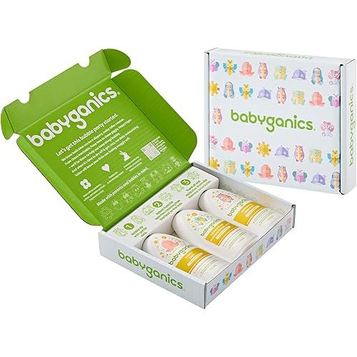 Babyganics Bath Time Giftset, Bubble Bath, Squeeze Foam Shampoo + Body Wash, Moisturizing Daily Lotion in Chamomile Verbena