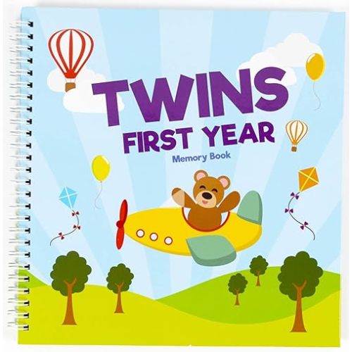 Twins First Year Hardcover Memory Book Bear Edition - Newborn Babies 1st Year Journal and Milestones Photo Album - Perfect and Unique Gift Idea for Baby Showers and Birthday Presents