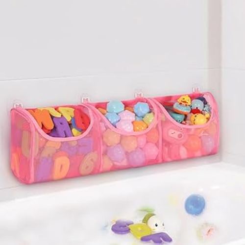 Bath Toy Storage, Large Capacity 3 Compartments Bathtub Toy Storage, Opening Bath Toy Holder Organizer, Mesh Shower Caddy for Kids Baby Bathroom Toy - Pink