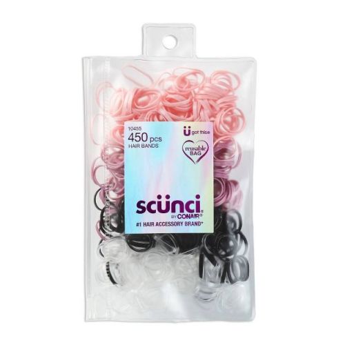 Scünci Kids Polyband Elastics Hair Ties With Reusable Pouch - Pink/black/clear - 450pcs