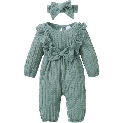 Happy Town Baby Girl Romper Infant Fall Winter Clothes Ruffle Sweater Long Sleeve Bodysuit Jumpsuit and Headband - Green - 6-9 Months