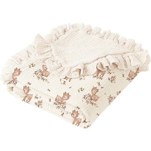 Konssy 100% Cotton Muslin Baby Blanket with Ruffle Trim for Girls, 43"x39"