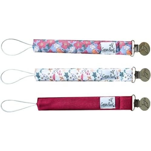 Copper Pearl Pacifier Clip 3-Pack: Premium Knit Binky Clips for Baby Girls and Boys - Stylish Stainless Steel Pacifier Holder Clip - Baby Pacifier Clips for No More Floor Drops - Ivy