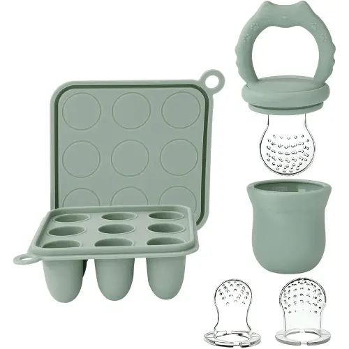 Socub Silicone Baby Fruit Food Feeder & Baby Food Freezer Tray Set, milk Popsicle Molds for Baby Teething Relief, Baby Food Pacifier Feeder for Self Feeding, Include 3 Sizes Food Pouch (Sage)