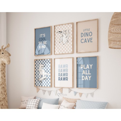 Dinosaur Nursery Prints, Boy Room Dino Wall Art, Blue Skateboard T-rex, Cool to be Kind, Rawr Dino Toddler Room Posters, DIGITAL DOWNLOAD
