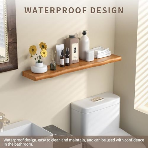 AZSKY Live Edge Floating Shelves for Wall, 36 Inch Floating Shelf, Light Walnut Wall Mounted Pine Wood Shelf for Storage, Living Room Bedroom Kitchen Wooden Shelves Set of 1 with Invisible Bracket