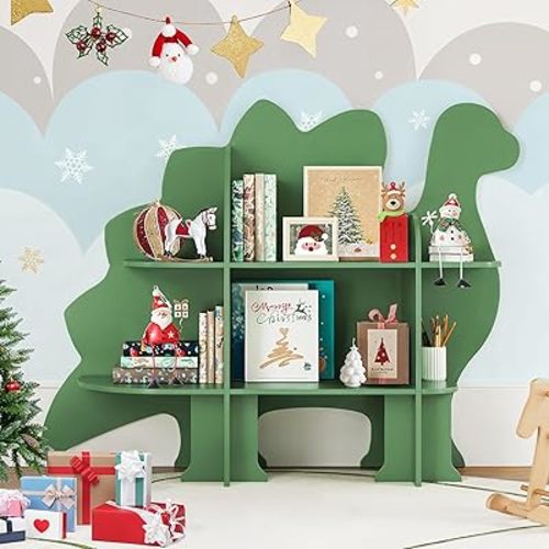 Dinosaur Kids Bookshelf, 2-Tier Bookshelf for Kids, Baby Bookshelf and Toy Storage, Wooden Kids Bookcase, Toddler Book Shelf Organizer for Kids Rooms, Nursery, Bedroom, Playroom, Green